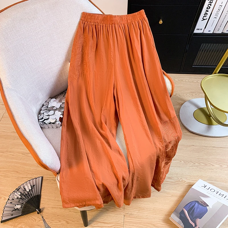 Ele Embroidered High Waist Wide Leg Casual Pants Women's plus Size Straight Cut Faionable Drapey Slimming Trousers