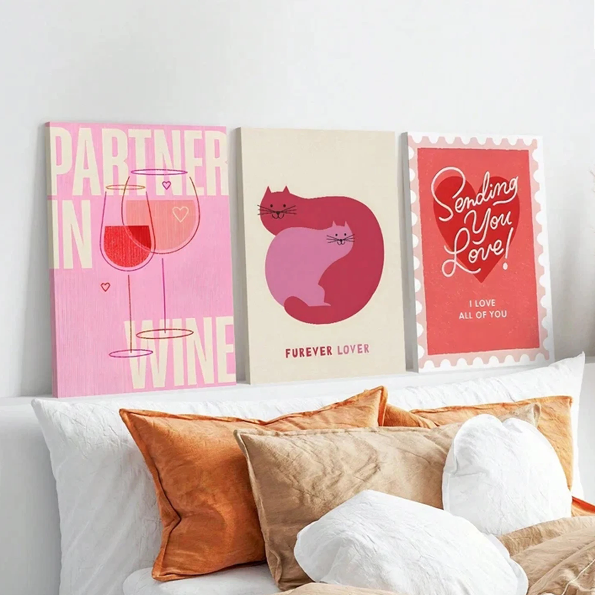 Home Decor Cat - 3 sztuki nowoczesnych różowych obrazów na