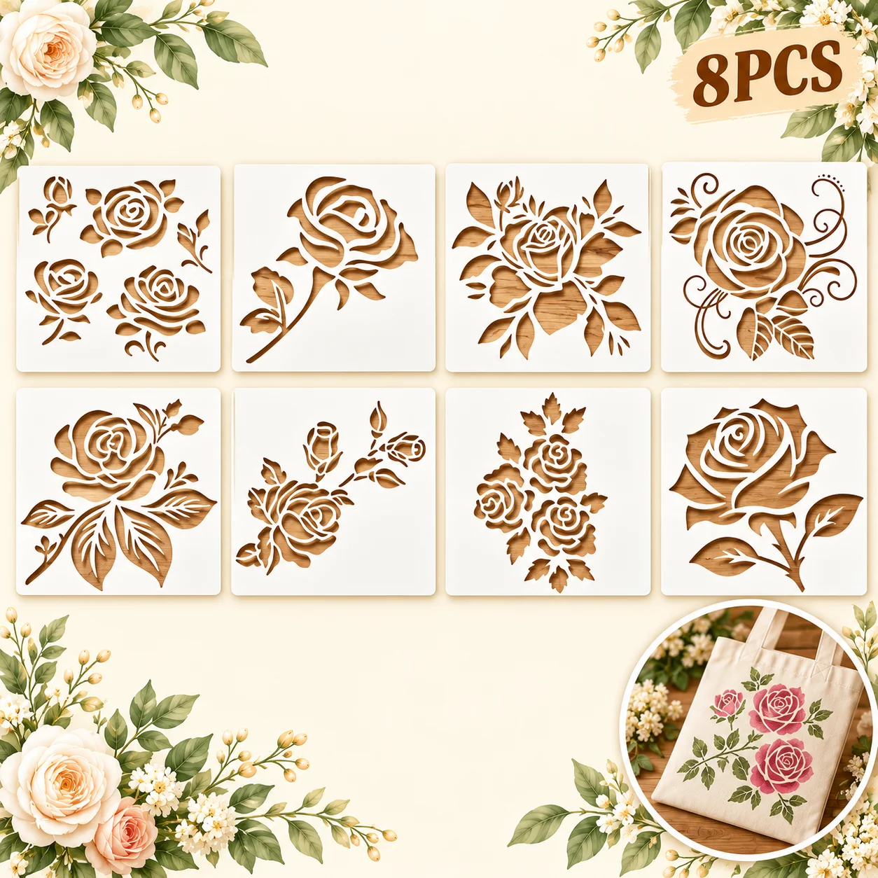 8Pcs Rose Flower Stencils Reusable PET Stencils for Painting Floral Pattern Craft Templates Wall Wood Fabric Card DIY Decor