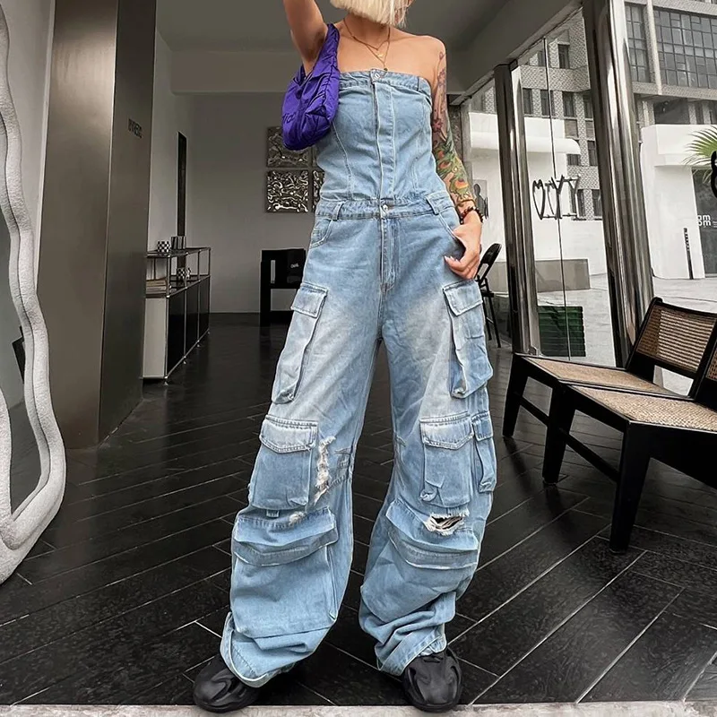 Fashion Y2k Denim Women Jumpsuits Autumn Strapless Single Breasted Cargo Pants with Pockets One Piece Streetwear Jean Rompers