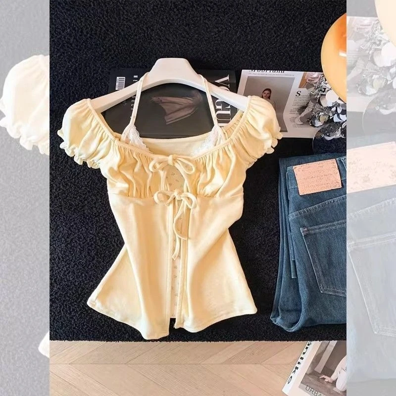 Korean Style Sweet Pure Halter Neck Tops Cuteore Tie Floral Short Sleeve T-shirt Women Summer 2026 New Fake Two Piece Chic Top