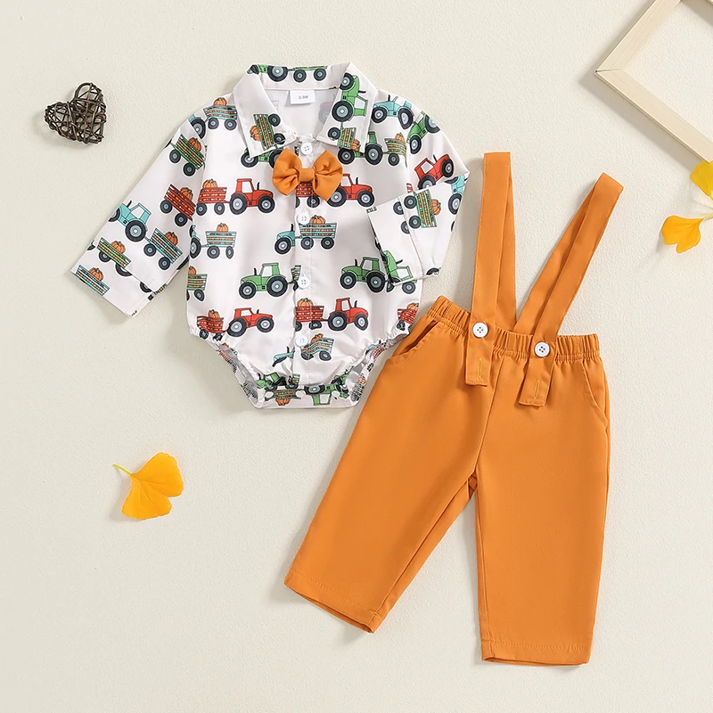 

Suefunskry Baby Boys Halloween Outfits Pumpkin Truck Print Bowtie Long Sleeve Romper Suspender Pants 2Pcs Fall Clothes Set