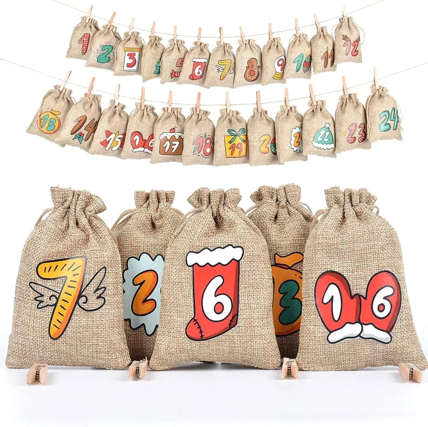Christmas Advent Calendar Bags 24 Days Countdown Calendar DIY Blank Burlap Bags Hanging Advent Calendar Gift Favors for Xmas
