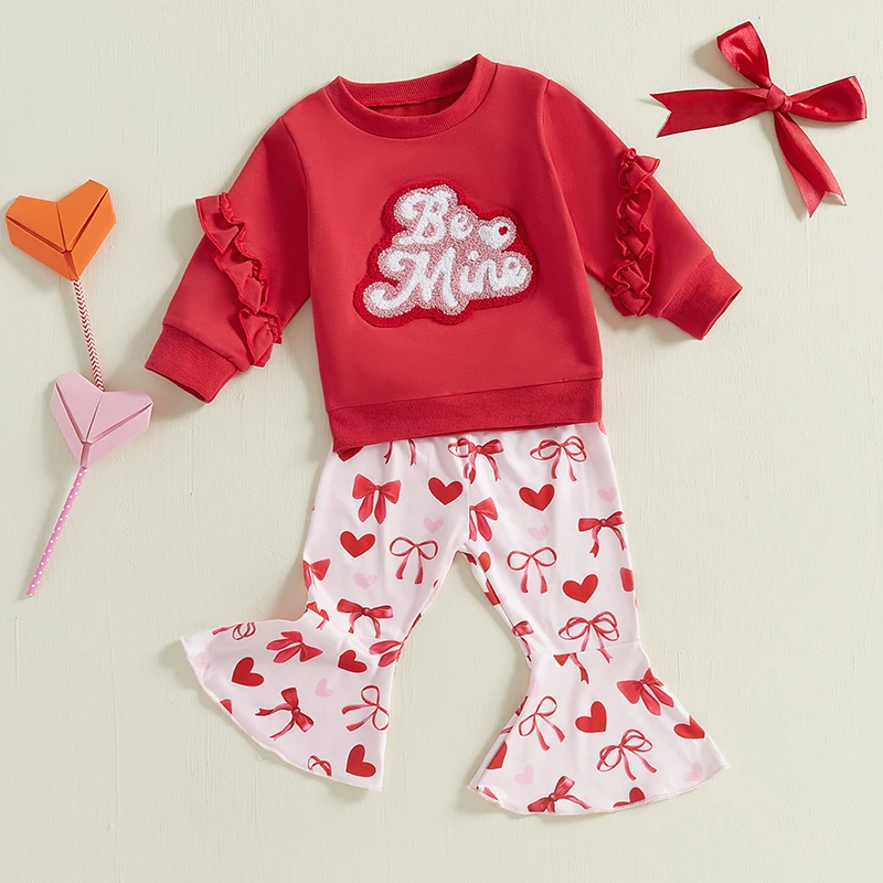 

Kids Baby Girls Valentine's Day Sets Letter Embroidered Ruffled Long Sleeve Sweatshirt Heart Bow Flare Pants 2-Piece Fall Outfit