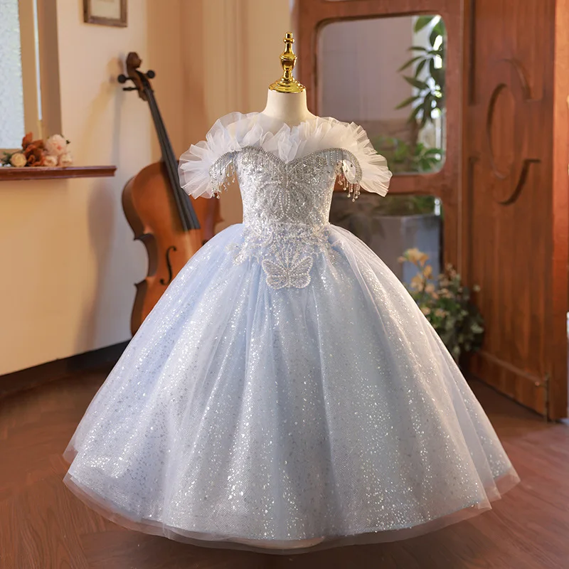 

Fashion Baby Flower Girl Dresses Sequins Tulle Children Princess Prom Birthday Party Gowns