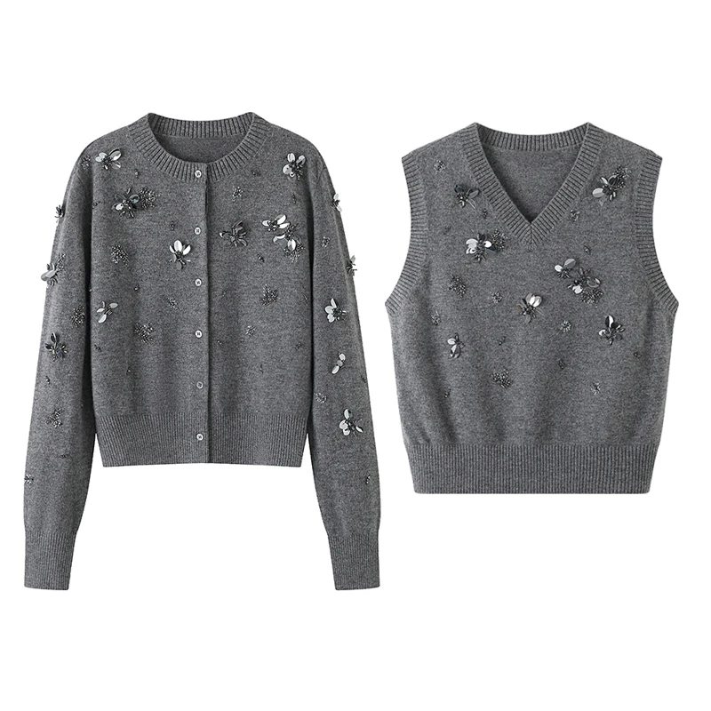 

Осенний новый женский вязаный кардиган, круглый универсальный свитер с тяжелой вышивкой и стразами, жилет Jaet Top 2024