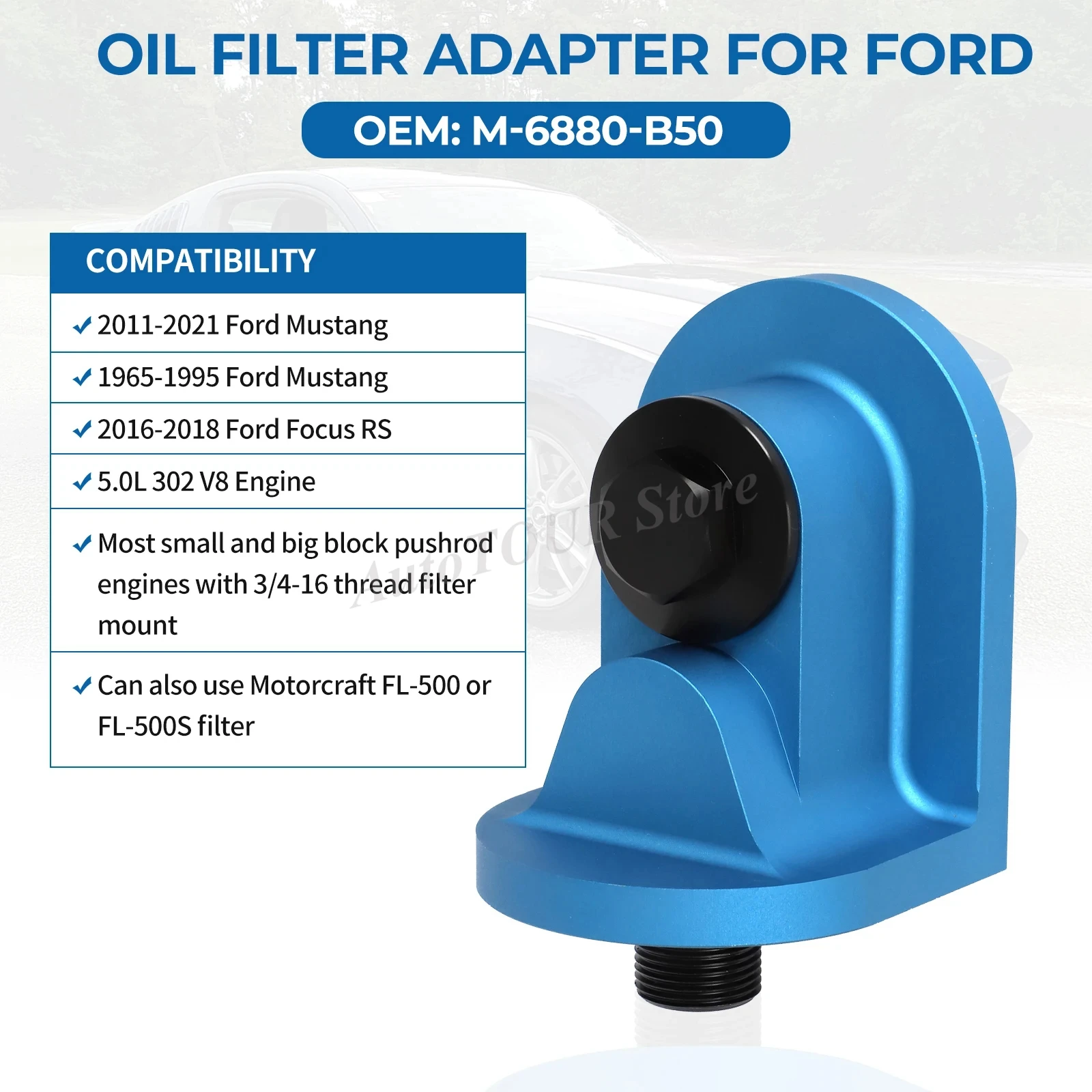 Para Ford Mustang y 5.0L 302 varilla de empuje V8 motor M-6880-B50 Kit adaptador de filtro de aceite de 90 grados con junta tórica de aluminio