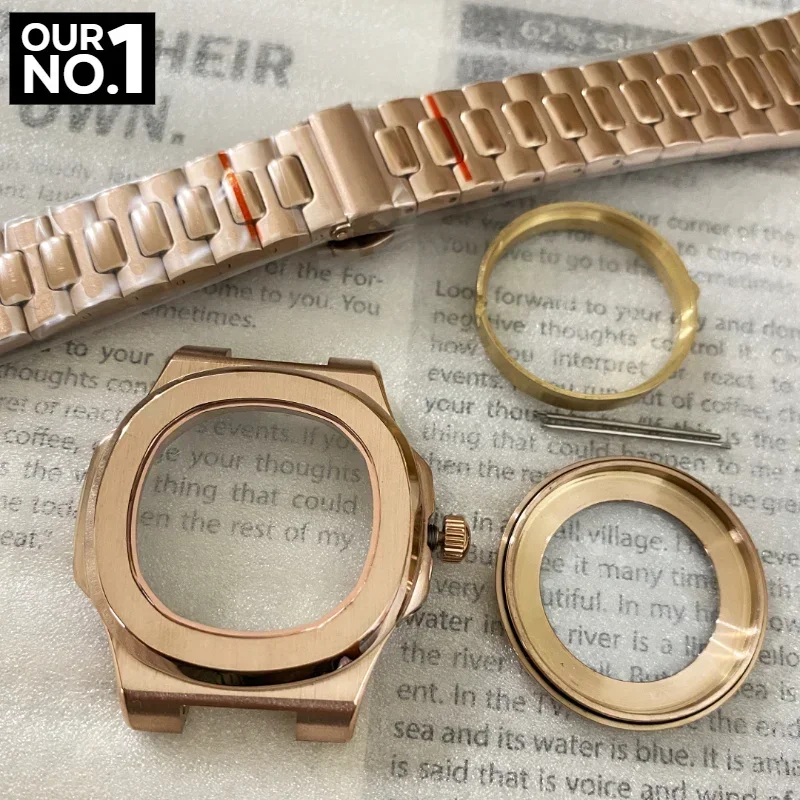 Caja de acero para reloj de oro rosa y cristal de zafiro de 41mm + juego de correas para accesorios de reloj de movimiento mecánico Nautilus Nh35/NH36/4R