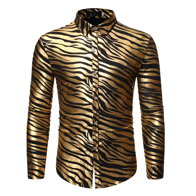 2025 Disco Nightclub Stamping Wave Pattern Gold Men\'s Shirts ,Multicolor Fashion Cool Sequins Stamping Dance Camisas De Hombre
