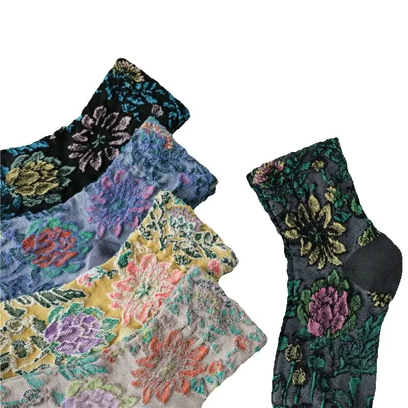 5 Pairs Autumn and Winter New Niche Retro Style Sweet Renaissance Flower Fashion Color Matching Women Socks Medium Tube