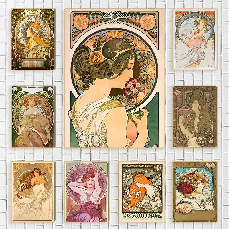 Alphonse Mucha Vintage Illustration Canvas Posters, Decorative Art Nouveau Canvas Paintings, Elegant Wall Art Pictures