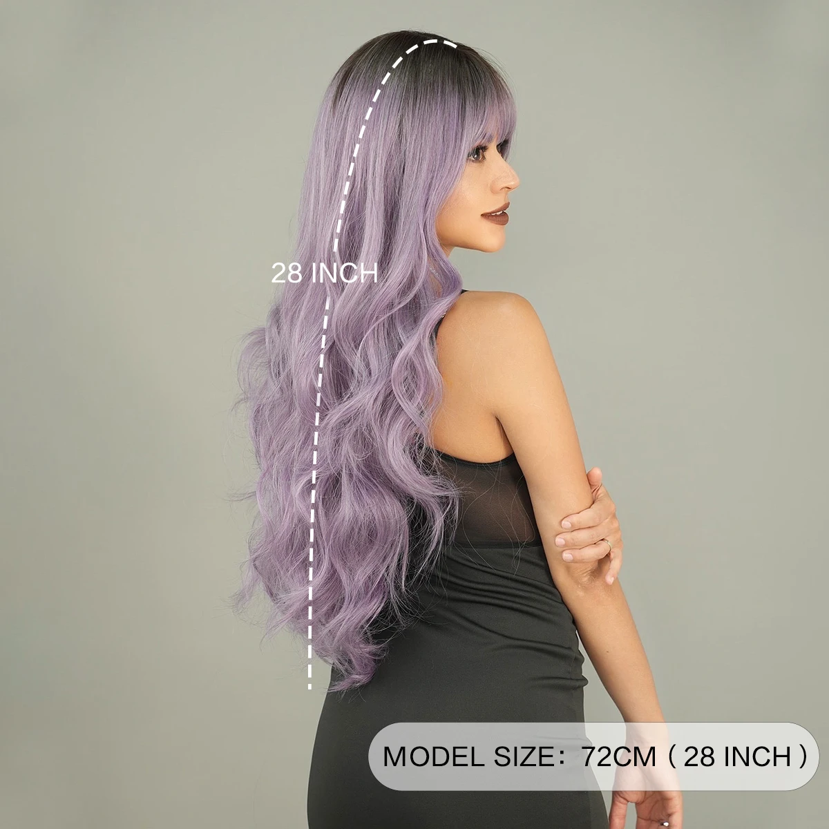 PARK YUN Synthetic Wig  Loose Water Wavy Purple Wig With Dark Roots High Density Long Wavy Hair Wigs With Neat Bangs