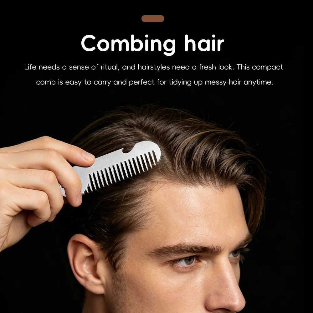 Men's Anti-Static Metal Beard Comb, Wide-Tooth Stainless Steel Hair Comb, Portable Pocket Comb with Bottle Opener Function, Durable Daily Grooming Accessory