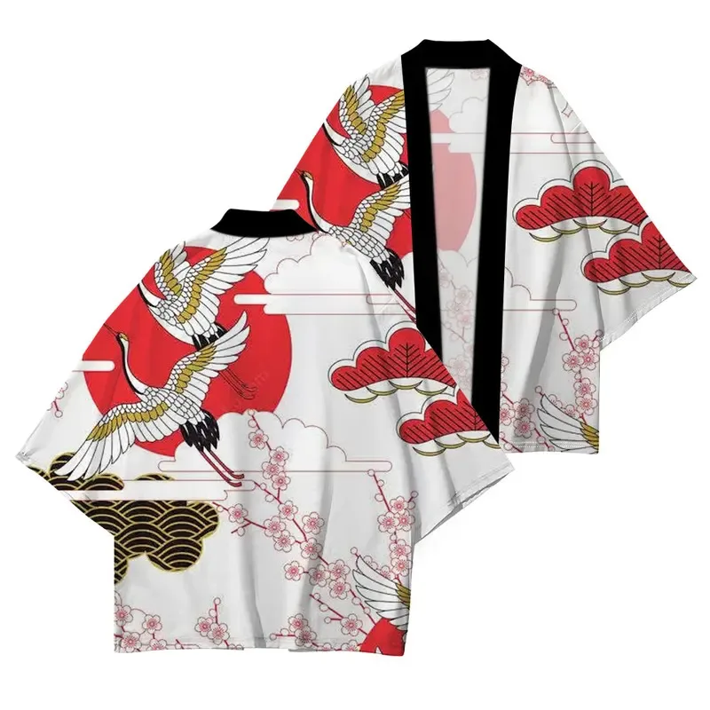 Japanese traditional clothing High quality casual loose kimono Wave red sun pattern printed summer UV protection kimono S-5XL