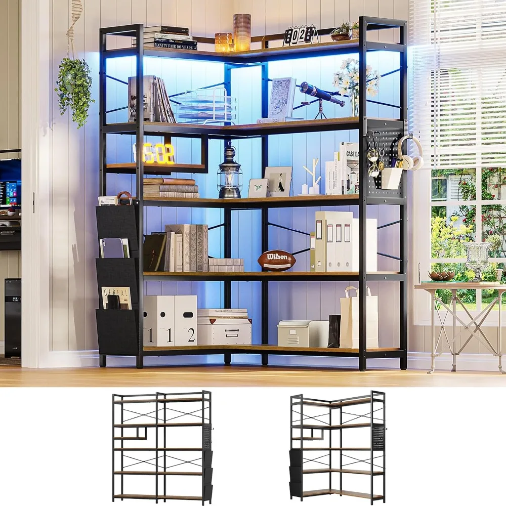 5-Tier Corner Bookshelf,Convertible Book Shelf w/ Storage or 63