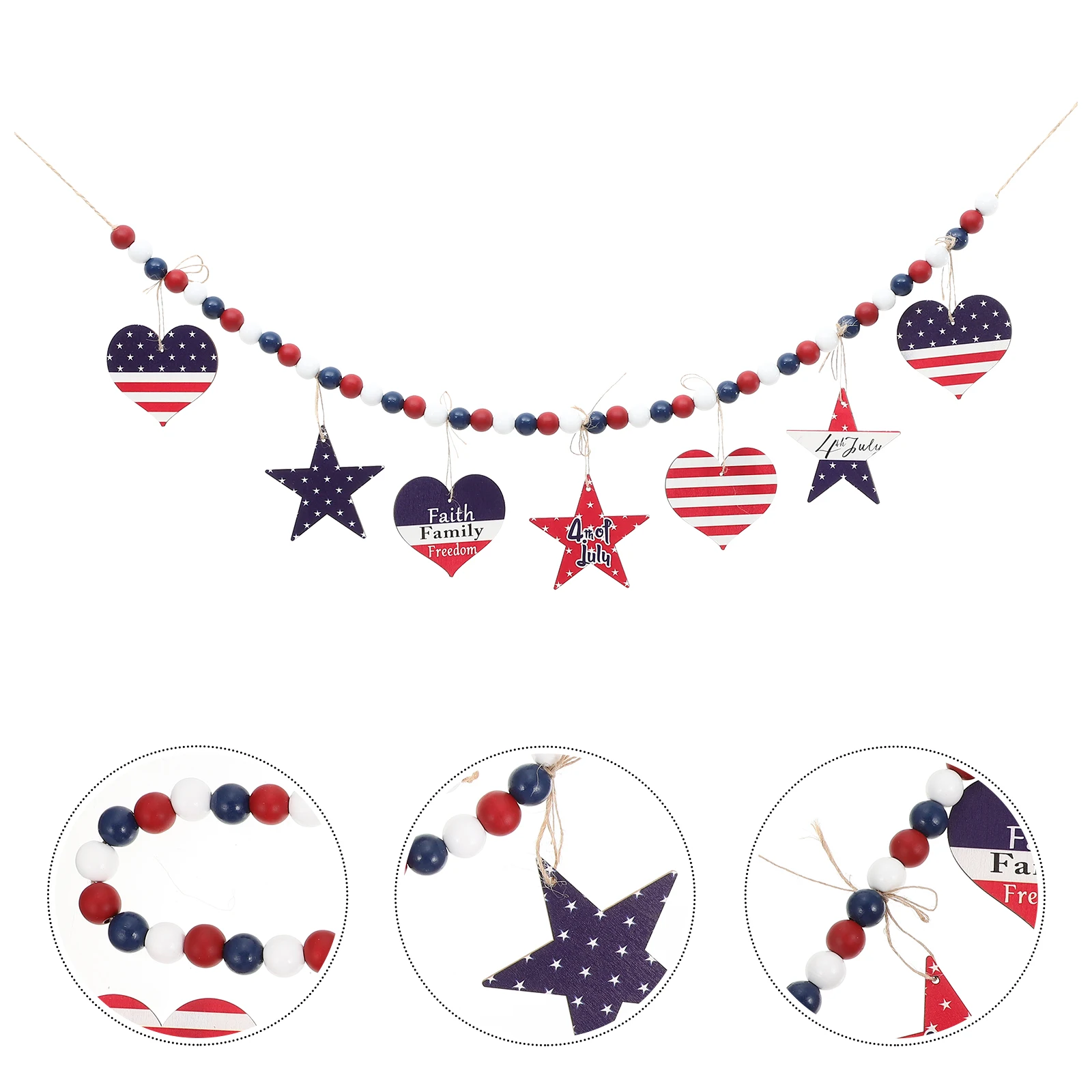 

4Th Of July Patriotic Wood Bead Garland Hanging Ornament Pendant Decor For Wall Door Window Fireplace Party Beaded String