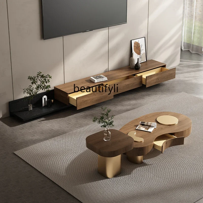 

LJYLight Luxury Black Walnut Solid Wood Living Room Home Coffee Table Minimalist Shaped Chinese Style Coffee Table TV Cabinet