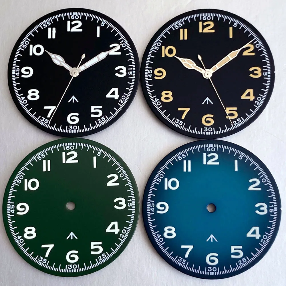 Tandorio 33.5mm Luminous Blue Green Black Arabic Numeral Pilot Watch Dial Face Fit NH35 NH36 ETA2824 PT5000 Miyota8215 VH31 Movt