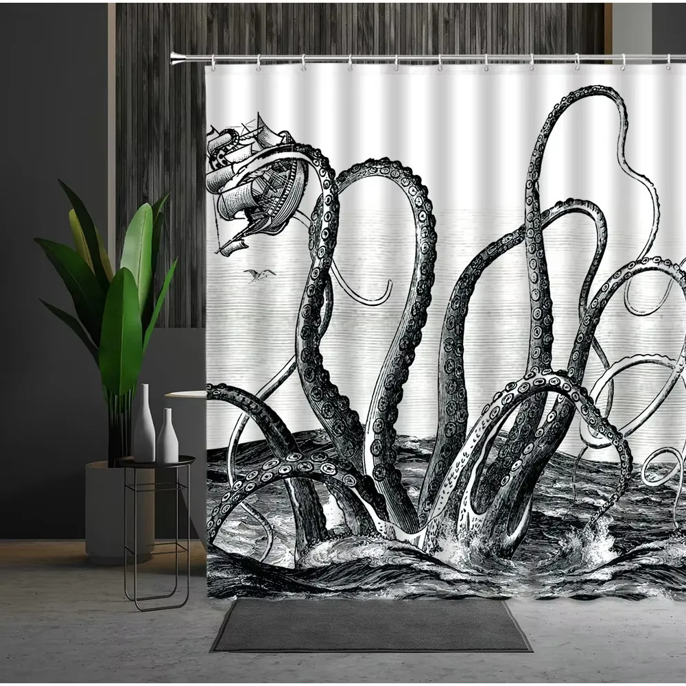 Vintage Black White Octopus Kraken Pirate Ship Shower Curtain Sea Monster Tentacle Sketch Nautical Waterproof Fabric Bathroom Cu