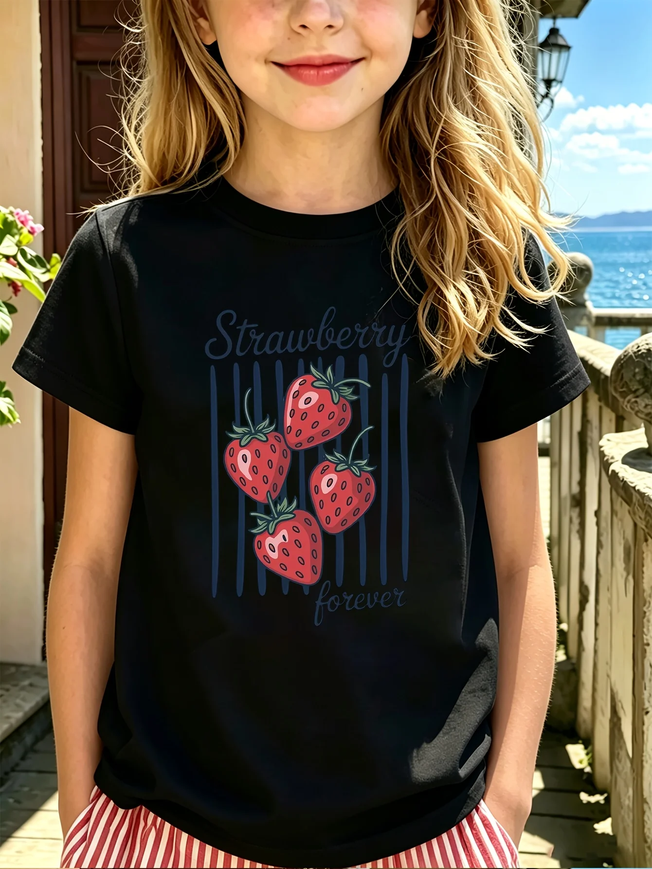 Boys Girls Family Matching Tee Cute Strawberry Forever Stripes Fruit Print Short Sleeve Soft Cotton Kids Daily Outdoor Outfit