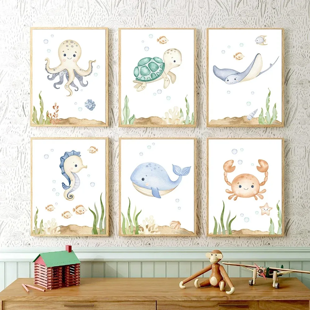 Impresiones de animales del océano náutico para guardería, póster de tortuga marina de dibujos animados, acuarela, arte de animales marinos, pintura en lienzo, decoración de pared de habitación para niños