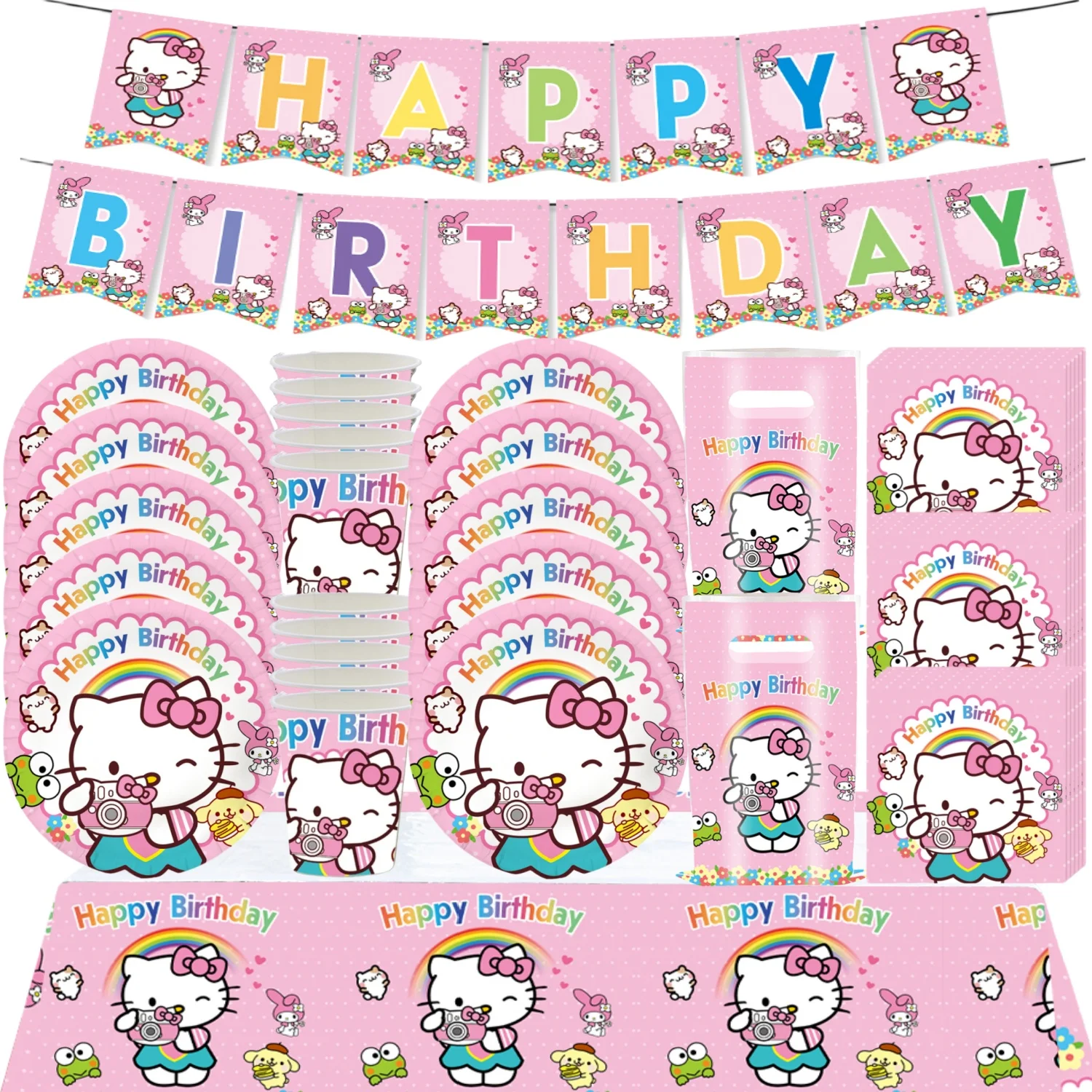 

Hello Kitty Birthday Party Decor Kitty Tableware Kit Tablecloth Plate Cup Gift Bag Baby Shower Supplies Girls Party Favors Toy