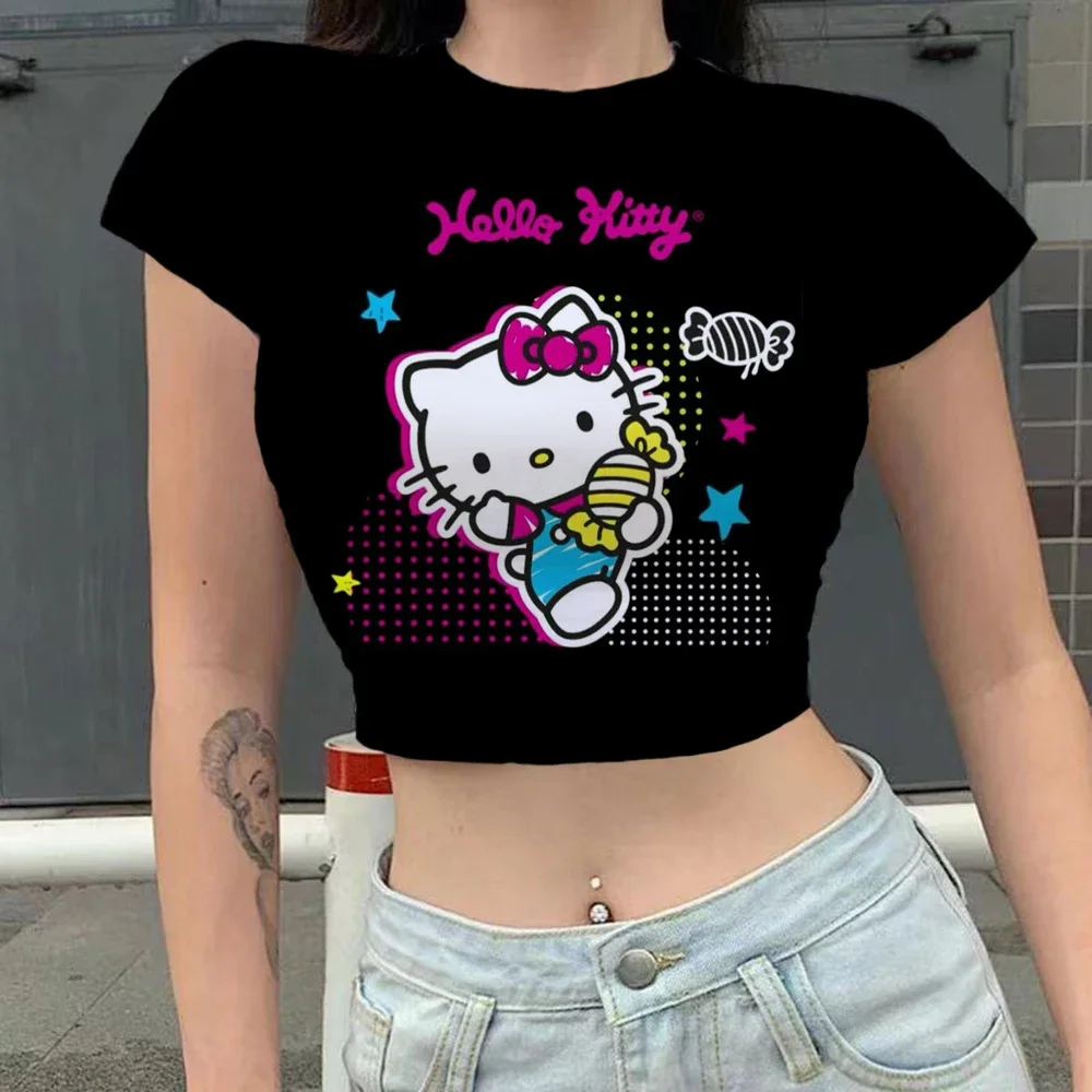 Fashion Sexy Kawaii Print Female Clothing Cartoon Y2k Party Hello Kitty Summer Crop Top Slim Fit T Shirt Tight Women\'s T-shirt