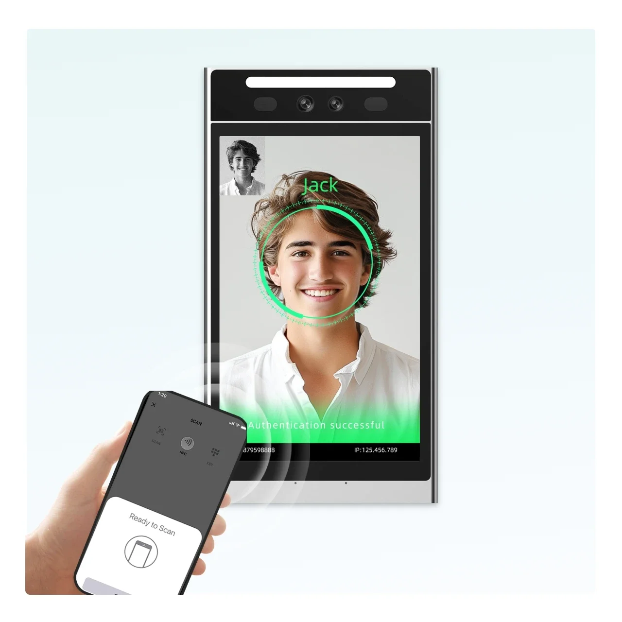 

VF206 AI Face Recognition Biometric Access Control Cloud Free software NFC RFID 13.56 QR Android Free Time Recording RS485
