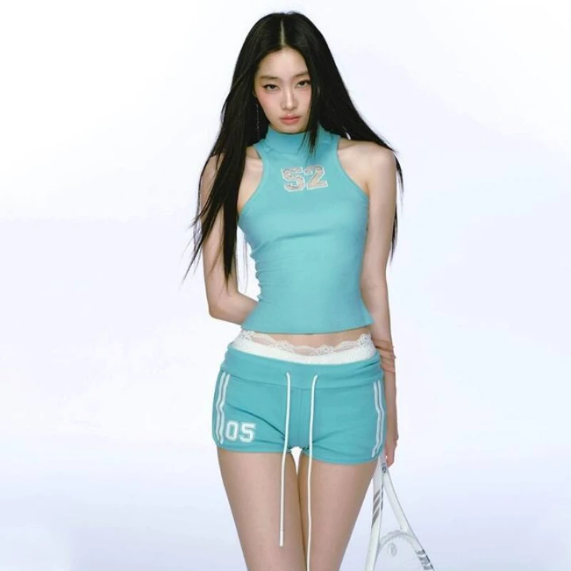 American summer new ins spicy girl slim fit sports vest, female sexy drawstring shorts, female fashion two-piece set