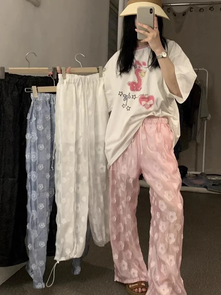 

Women's Clothing Summer Fashion Vintage flower Print Wide-leg Pants Female Casual High Waist Loose Straight Trousers Pantalones
