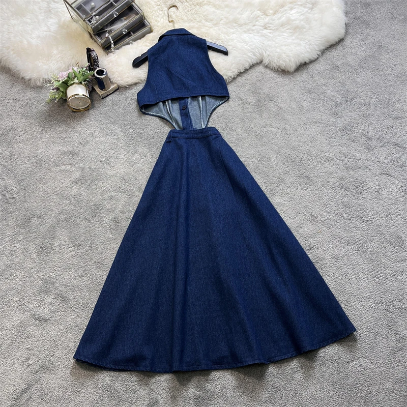 Amolapha Women Summer Retro Turn-down Collar Denim Dress Hollowed Out Split High Waist Jeans Skirts