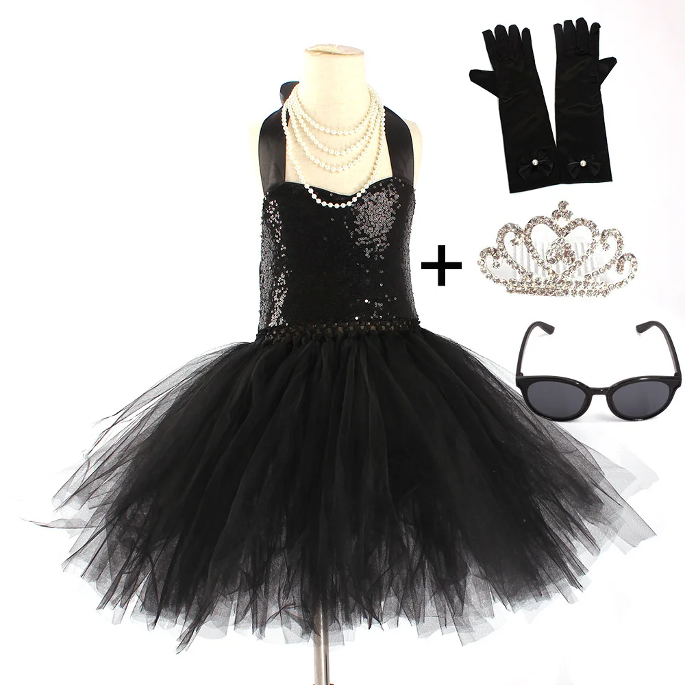 New Girls Fashion Black Sequin Elegant Style Mesh Tutu Dress With Accessories Outfit Holiday Birthday Party Prom Fancy Clothing