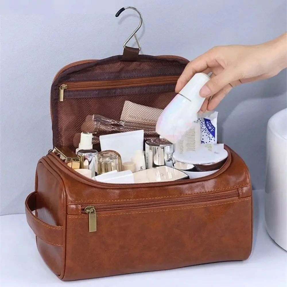 

PU Leather Toiletries Organizer with Hanging Hook Portable Cosmetic Storage Bag Large Capacity Waterproof Handbag Men