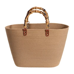 Borsa intrecciata da donna con manico in bambù borsa per tessitura da donna di grande capacità a righe portatile moda Casual squisita per la festa al mare