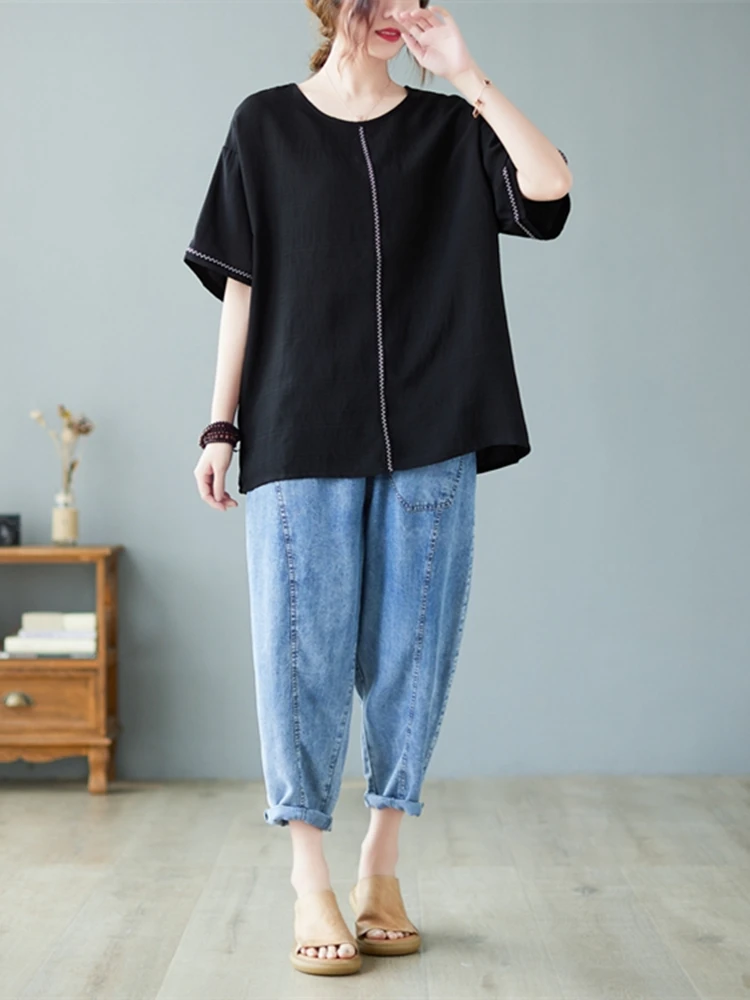 Oversized Loose Summer Women T Shirt Casual Korean Ladies Womens Tshirts Large Size 2023 chic Cotton Hemp Black T-shirt Tops