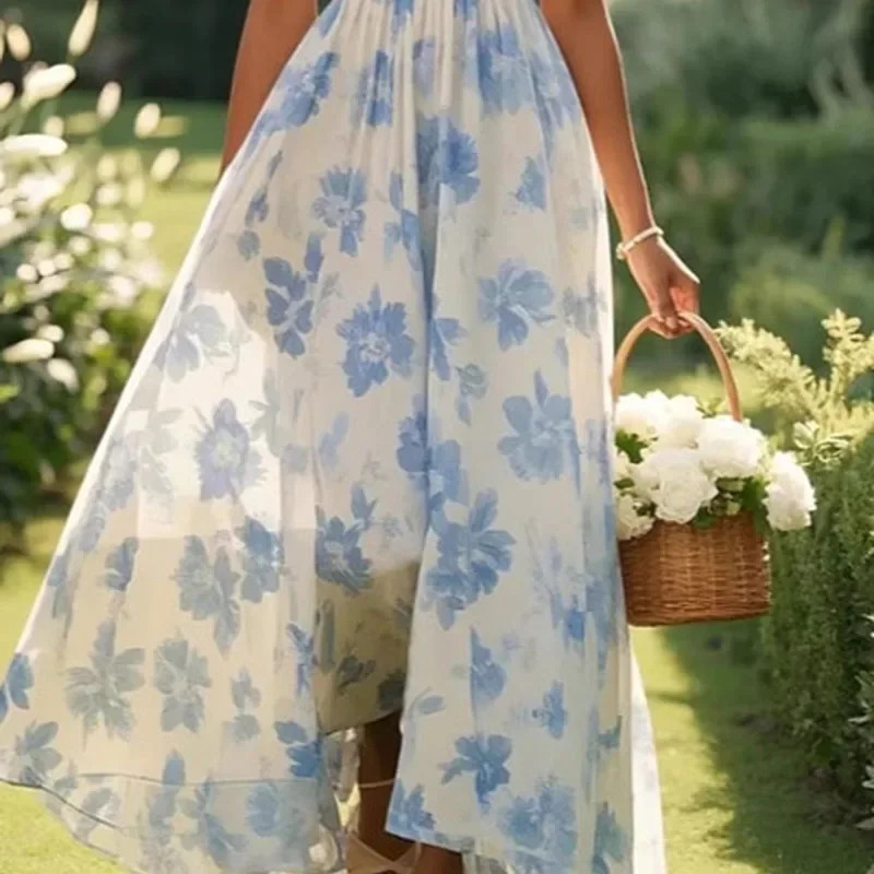 Frühling Elegante Blumen Druck A-Line Lange Kleider Frau Sexy V-ausschnitt Hohe Taille Party Kleid Sommer Ärmellose Urlaub Kleid Vestido