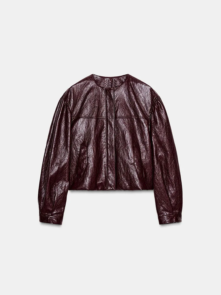 Faionable redondo Ne Long Sve Faux Leather Jaet Mujer Invierno Recién llegado Prendas de abrigo versátiles Casual Loose Fit ort...