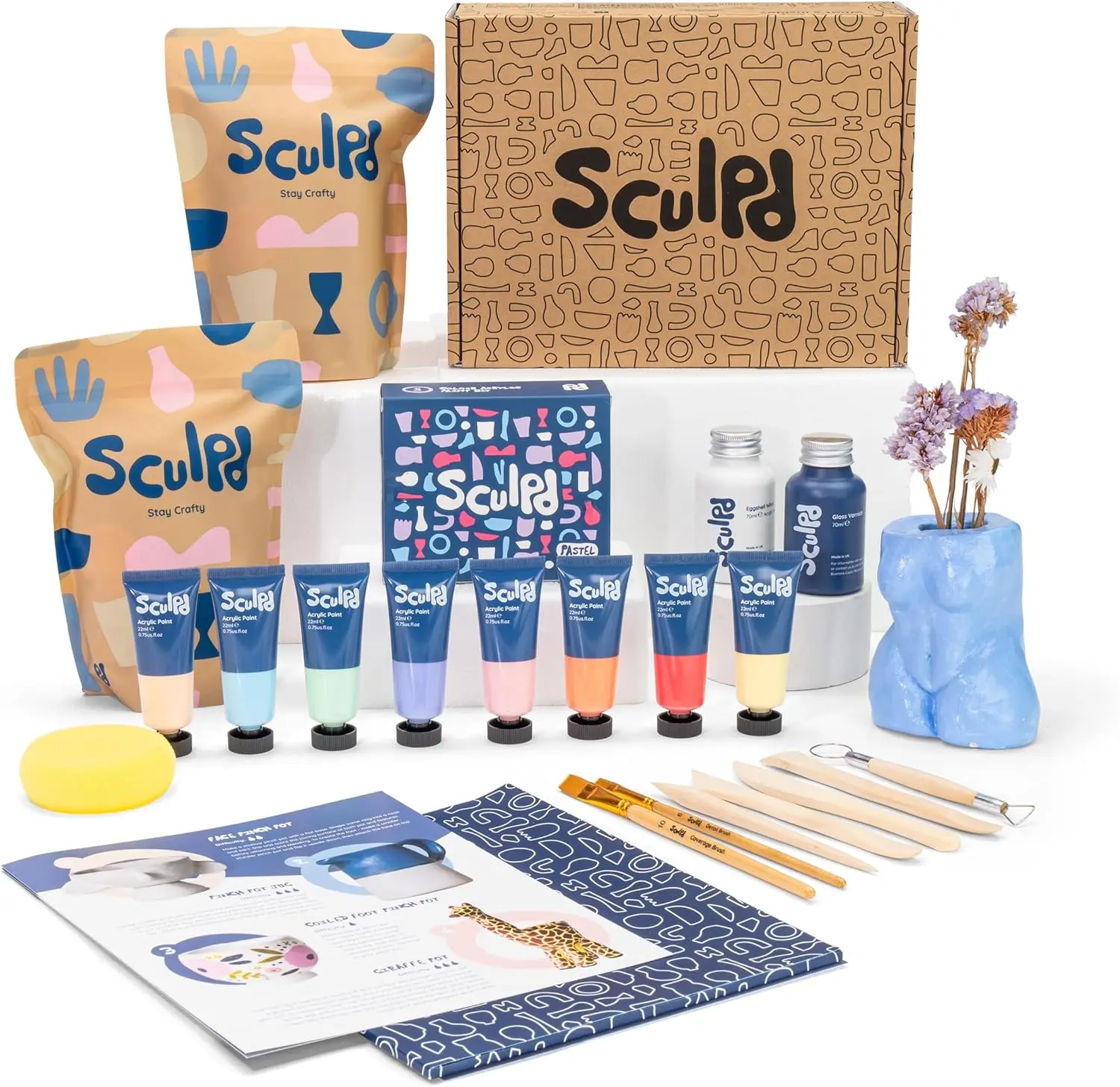 Sculpd Pottery Starter Kit - Complete Air Dry Clay + Painting Beginner Set for 2 Adults: Includes Sculpting Tools, Acrylic Paint