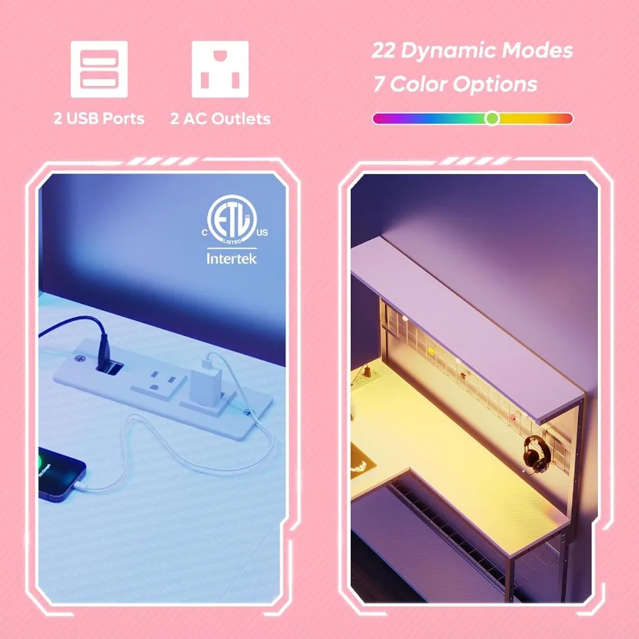 51-inch L-Shaped Gaming Desk with Integrated Power Outlets and Ambient LED Lighting Featuring 4 Tier Storage Shelves Reversible