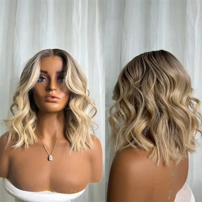 أعلى الباروكات غلويليس أومبير الرماد شقراء الاصطناعية HD الدانتيل شعر مستعار أمامي مع جذور داكنة طبيعية شعري واقعي جديد في موجة قصيرة بوب #1