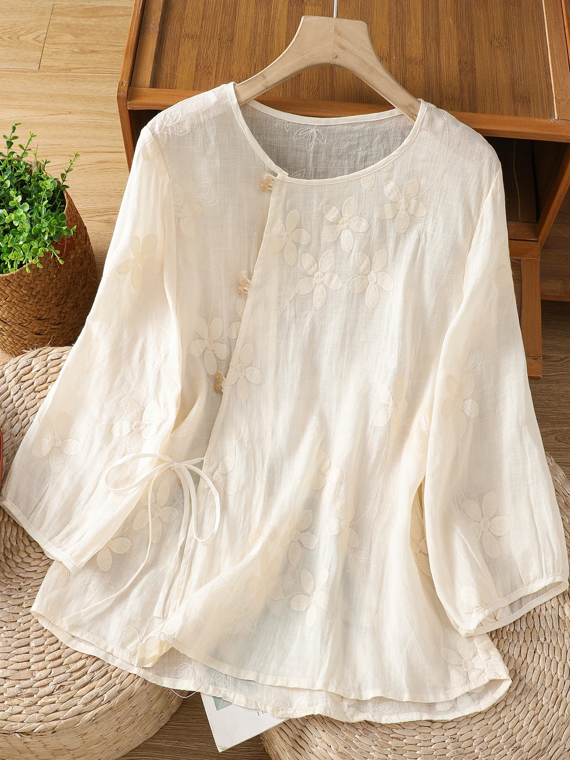 Top de verano de algodón redondo Ne Seven Sve para mujer, transpirable, bordado fino, irt, talla grande, cómodo, holgado, para ir al trabajo