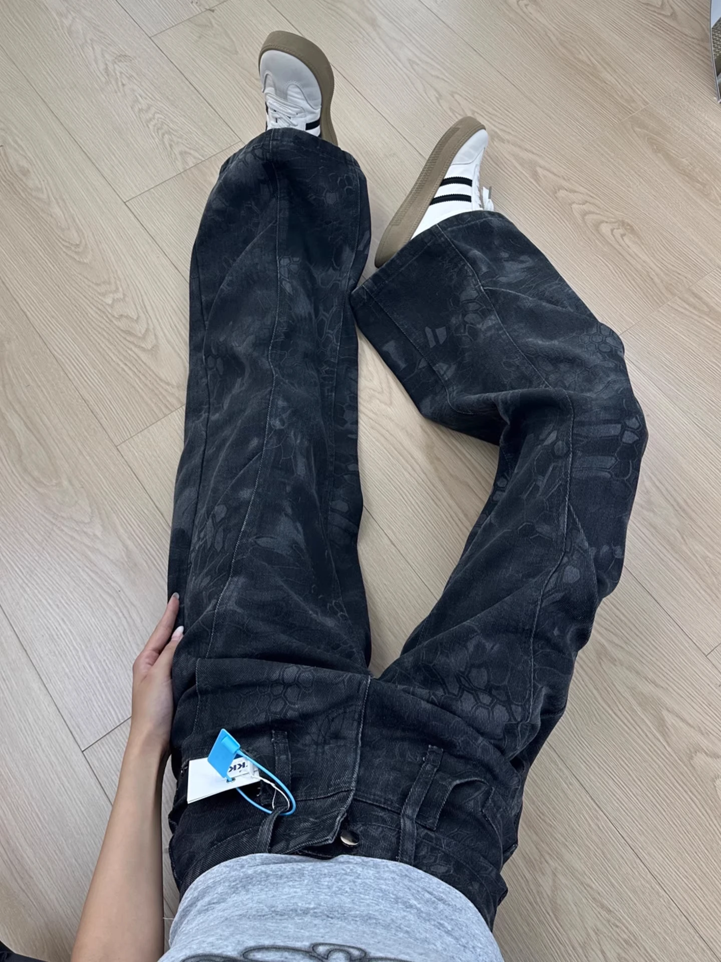 

High Waist Fleece Lined Workwear Denim Jeans Women's Autumn Winter Wide Leg Tie Dye Print Loose Fit Casual Trousers