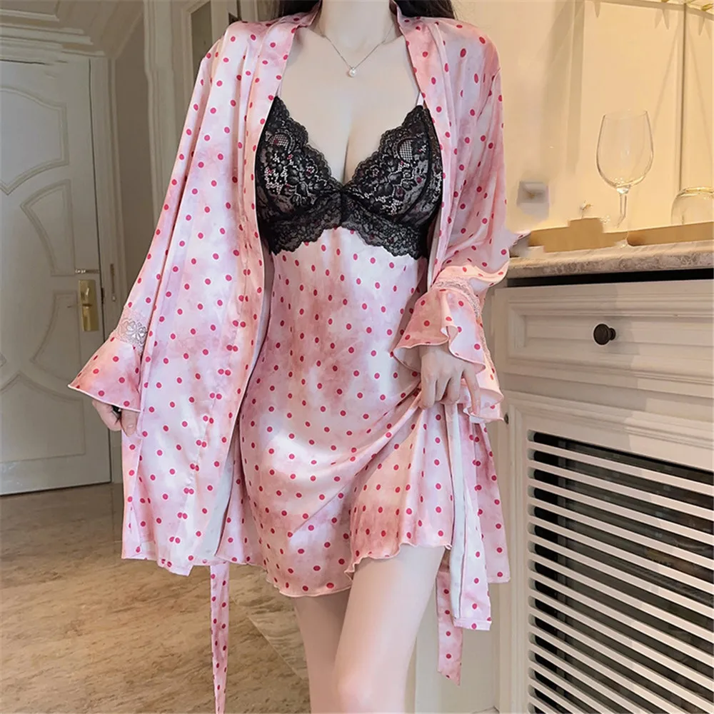 

Sexy Women Robe Set Nightgown Lingerie Sleepwear Backless Nightdress Underwear Polka Dot Print Satin Homewear