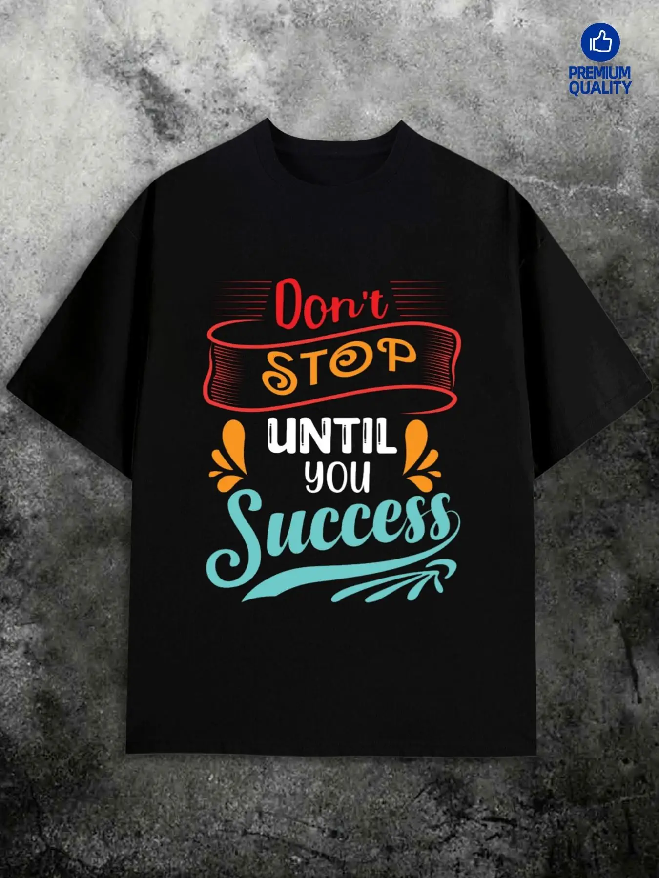 Motivational Men's Black Graphic T-Shirt Bold Success Quote Swirl Ribbon Colorful Typography Statement Print 100% Cotton Heavyweight Short Sleeve Casual Streetwear Tee