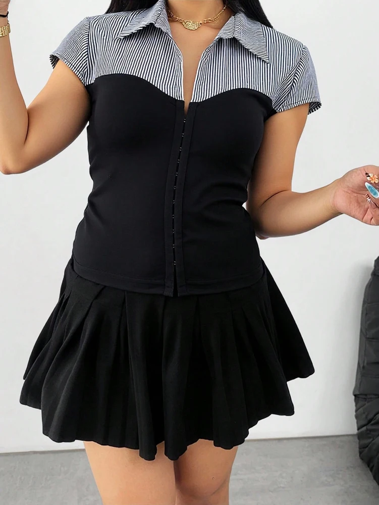 

2026 New Arrival: Elegant Striped Casual Summer Dress with a Patchwork A-Line Mini Skirt Design and Defined Waistline
