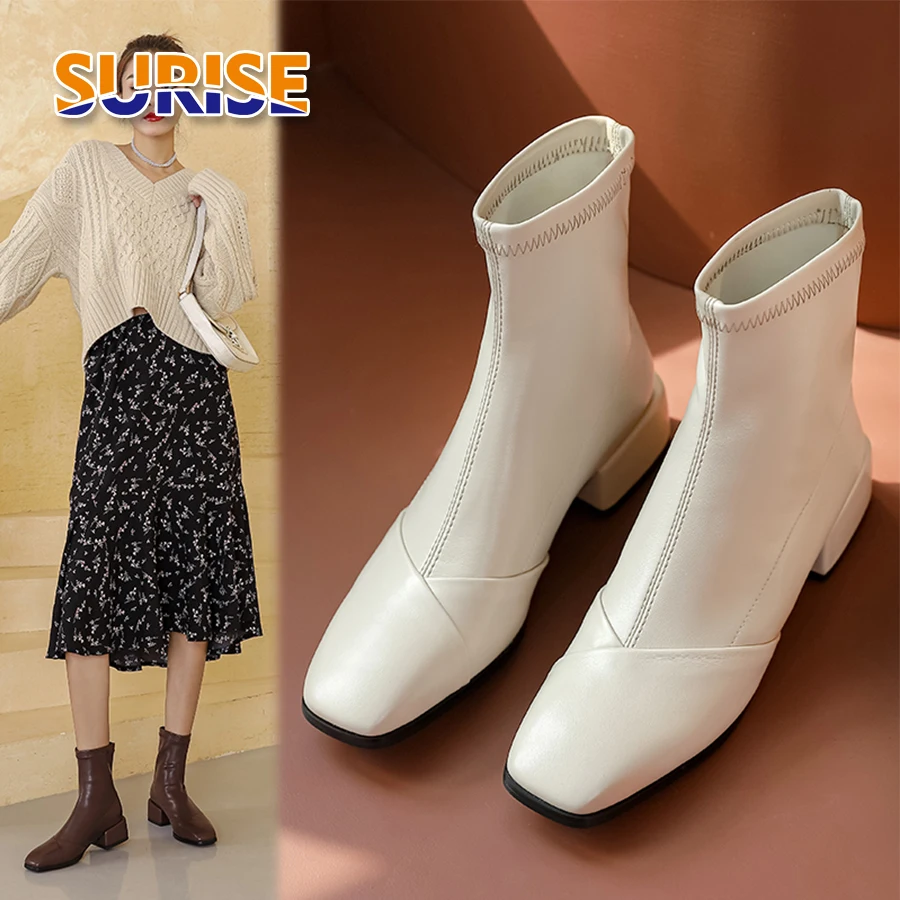 

Big Size Winter Women Stretch Ankle Boots Black Beige PU Casual Office Lady Square Toe 4cm Medium Block Heels Slip-on Sock Boots