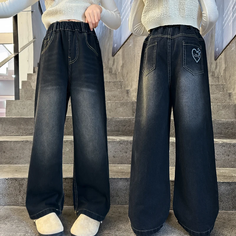 

Spring Fall Kids Loose Straight Black Jeans with Heart Pocket for Teenage Girls Fashion Harajuku y2k Denim Pants Child Trousers