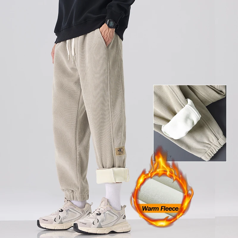 

Fleece Corduroy Men's Casual Pants Winter Thicken Loose Sweatpants Korean Plush Velvet Elastic Waist Harem Warm Male Trousers
