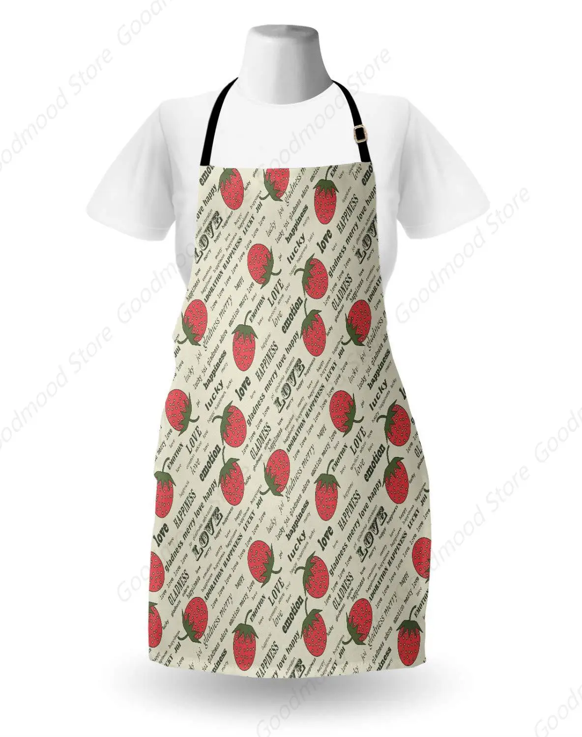 Fruits Apron, Retro Valentine Theme with Strawberry Love Happiness Merry Lucky Image, Unisex Kitchen Bib Apron with Adjustable