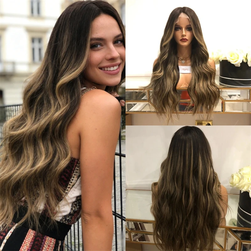 

Small Large Size Cap Ombre Dark Brown Synthetic HD Lace Front Wig for White Black Women Glueless Wigs Soft Long Body Wave Wig